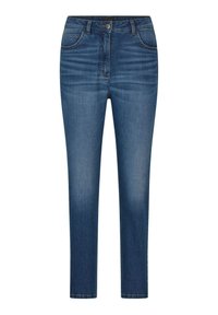 Jean en denim bleu avec une coupe slim, dotés d'une fermeture à glissière, de cinq poches et d'un délavage subtil sur les jambes. Taille standard avec passants de ceinture.