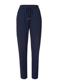Marineblauwe broek met een koord in de taille, voorzien van twee zijzakken en gouden accent toggels, gemaakt van zachte, lichte stof.