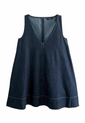 Ärmelloses dunkelblaues Jeanskleid mit tiefem V-Ausschnitt und sichtbaren Nähten entlang der Mitte und am Saum, das unten leicht ausgestellt ist.