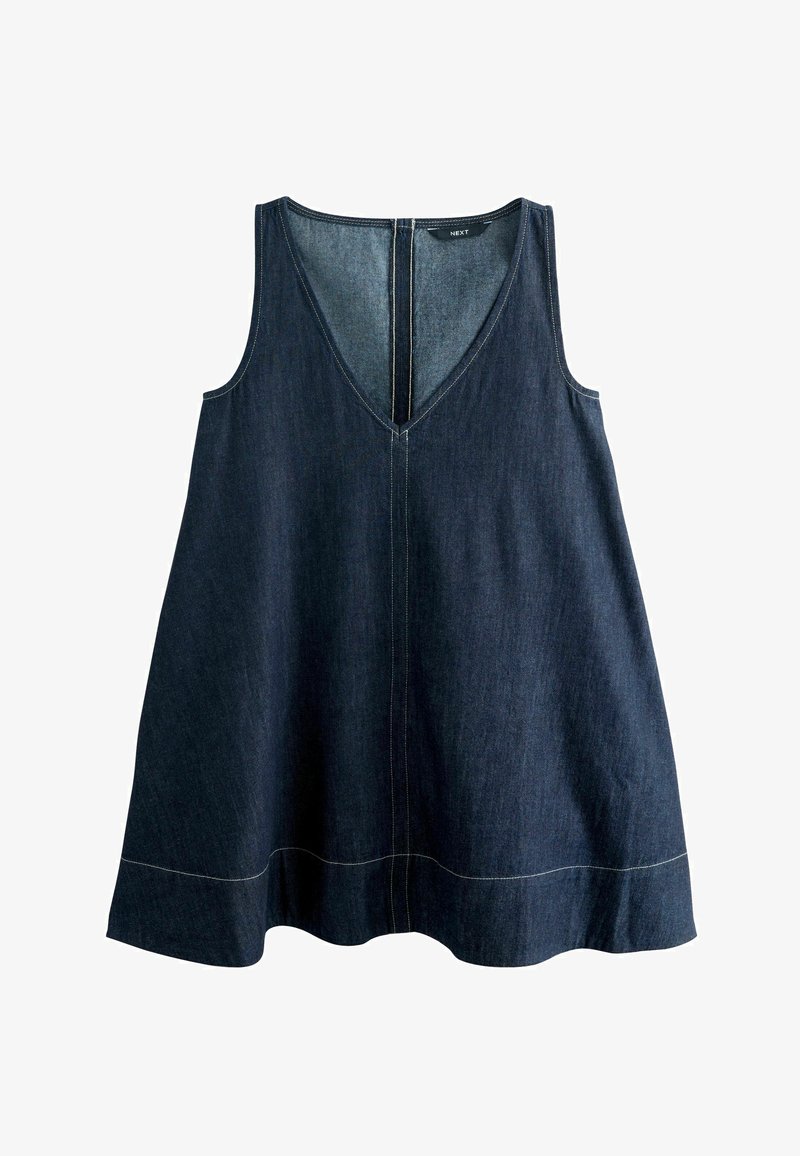 Ærmeløs mørkeblå denimkjole med dyb V-udskæring og synlige syninger langs midten og kanten, der flader let ud mod bunden.