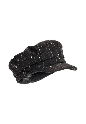 Casquette gavroche en tissu noir texturé avec des rayures blanches tachetées et une courte visière incurvée.