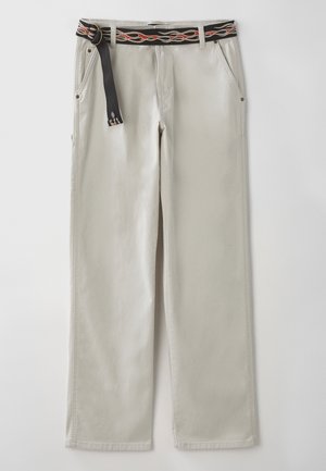 Jasnoszare spodnie w szerokim kroju z czarnym paskiem ozdobionym pomarańczowymi wzorami płomieni. Wykonane z bawełny, z bocznymi kieszeniami i luźnym krojem.