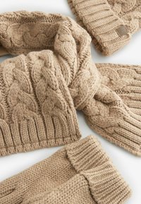Beige gebreide sjaal en handschoenen met kabel- en ribbelpatronen. Zachte textuur en dik ontwerp. Sjaal gedrapeerd, handschoenen gepositioneerd.