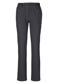 Donkergrijze broek met een elastische tailleband, rechte pijpen en subtiele textuur. Bevat frontzakken en een gladde afwerking.