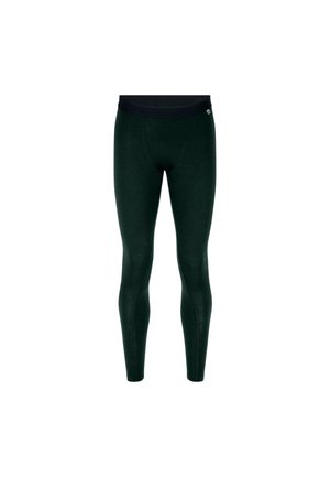 Grüne, enganliegende Leggings aus weichem, dehnbarem Stoff. Verfügt über einen breiten schwarzen elastischen Bund und eine glatte Textur über die gesamte Länge.