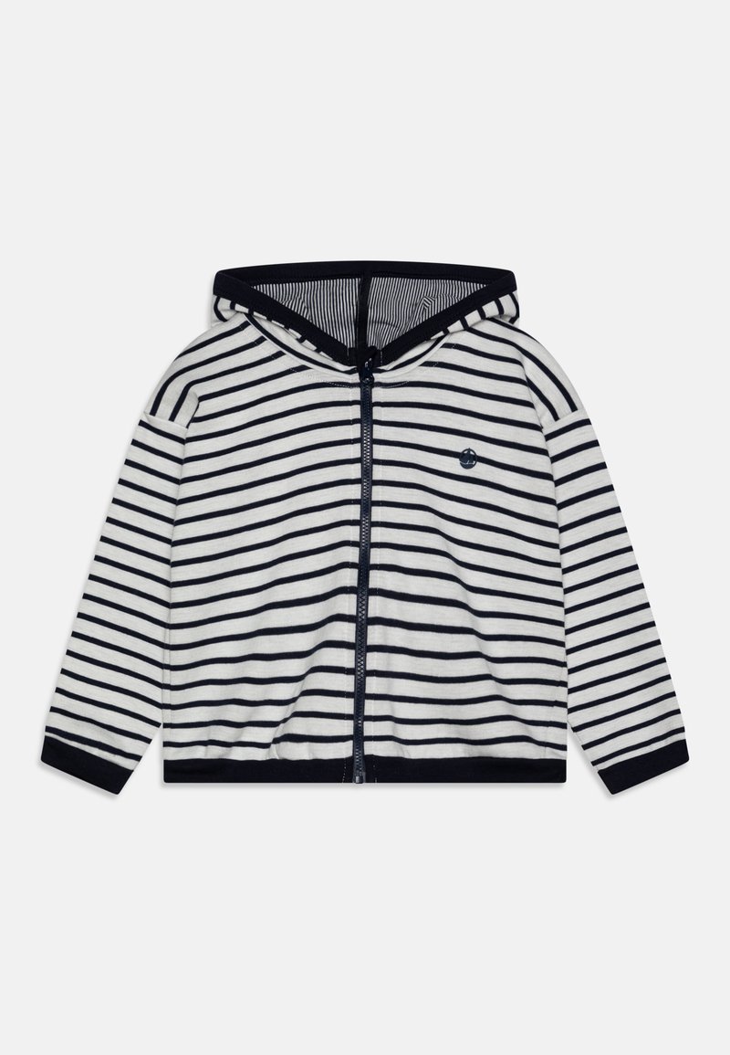 Striped zip-up hoodie in navy and cream. Features a hood, elastic cuffs, and hem, with a small logo on the left side of the chest.