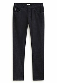 Mustat farkut, kapealla istuvuudella, viiden taskun mallilla ja hienovaraisella tekstuurilla. Niissä on vetoketjullinen haara, napillinen suljin ja vyölenkit.