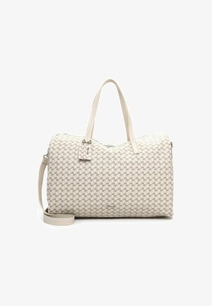 Sac de voyage beige avec un motif géométrique, texture lisse, double poignées supérieures et une bandoulière amovible. Comprend un petit détail de tag.