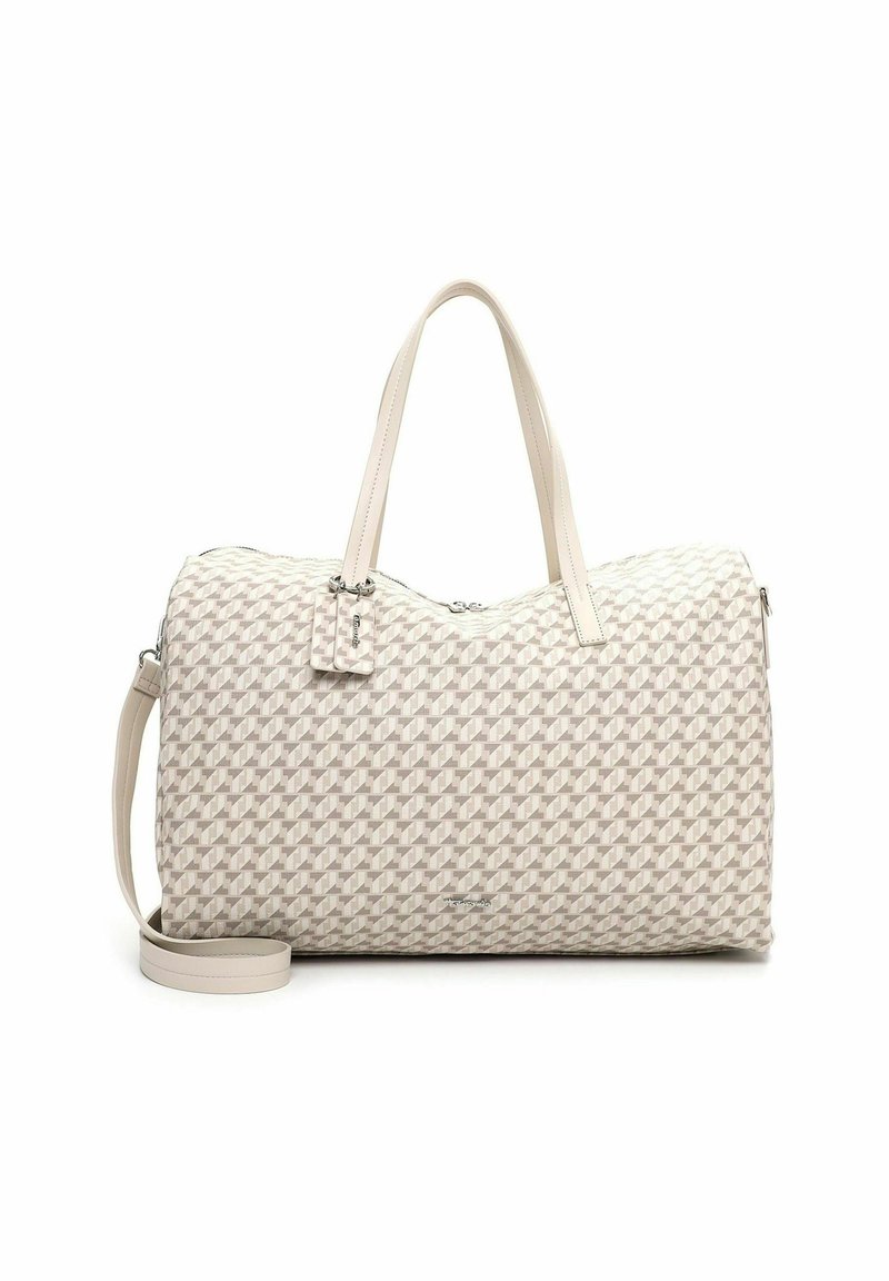 Sac de voyage beige avec un motif géométrique, texture lisse, double poignées supérieures et une bandoulière amovible. Comprend un petit détail de tag.