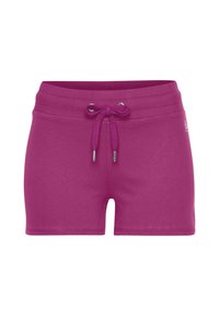 Lila Baumwollmischung-Shorts mit elastischem Bund, Kordelzug und glatter Textur. Verfügt über ein einfaches Design und minimale Akzente.