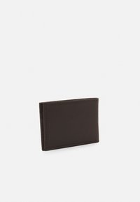 Brown leather wallet with a rectangular shape, smooth texture, and stitched edges, featuring a minimalist design without embellishments.