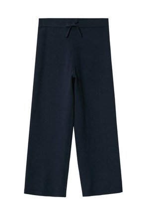 Marineblå bomuldsbukser med brede ben, elastisk talje og snøre. Glat tekstur, knælange og uden yderligere mønstre eller detaljer.