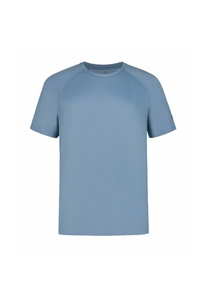Schlichtes blaues Sport-T-Shirt mit kurzen Raglanärmeln und einer einfachen, glatten Stoffstruktur.