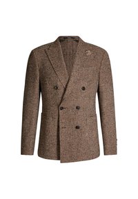 Bruine houndstooth dubbelzijdige blazer met pieklapels, twee voorkiezen en een gestructureerde afwerking. Heeft zwarte knopen en een bloemenaccent.