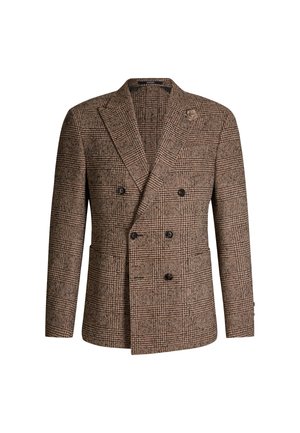 Blazer doppiopetto marrone a motivo houndstooth con rever a punta, due tasche frontali e finitura testurizzata. Presenta bottoni neri e un accento floreale.