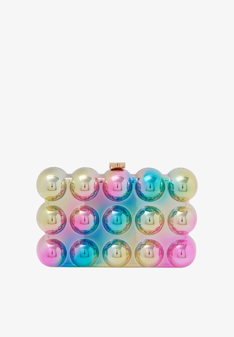 Fém clutch geometrikus mintázattal, 15 irizáló gömbszerű díszítéssel. A színek aranyról rózsaszínre, majd kékre váltanak. Arany zár.