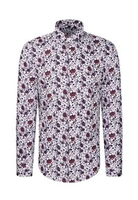 Chemise à manches longues boutonnée avec une base blanche et un motif floral dense en rouge foncé, bleu marine et noir.