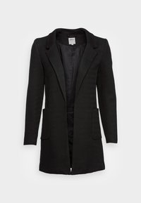 Sort langline blazer med to forlommer, spidse revers og et tekstureret stof. Åben frontdesign med en glat indvendig foret.