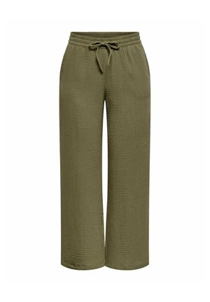 Loose-fit olive green pants with textured fabric, elastic waistband, and front tie drawstring, displayed on a white background.