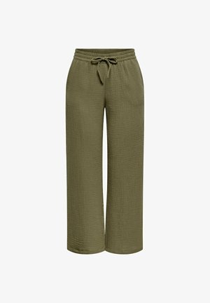 Loose-fit olive green pants with textured fabric, elastic waistband, and front tie drawstring, displayed on a white background.