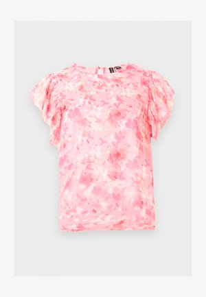 Roze bloemen korte mouwen blouse met geplooide mouwen, ronde halslijn en keyhole-knopsluiting aan de achterkant.