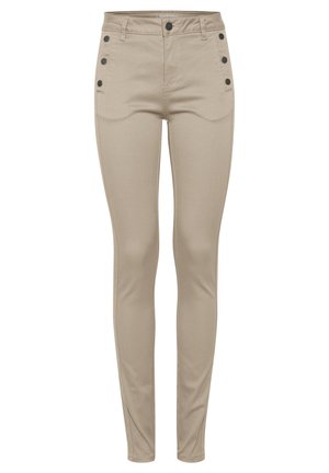 Jeans skinny bej cu o textură netedă, având talie înaltă, cinci buzunare și accente decorative cu nasturi negri pe laterale.