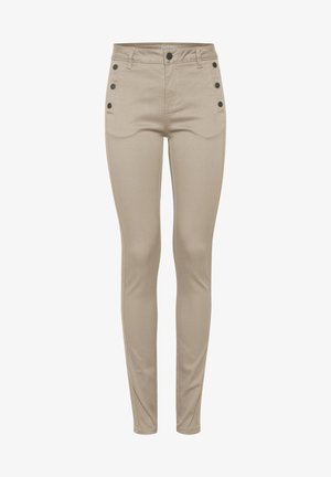 Jeans skinny bej cu o textură netedă, având talie înaltă, cinci buzunare și accente decorative cu nasturi negri pe laterale.