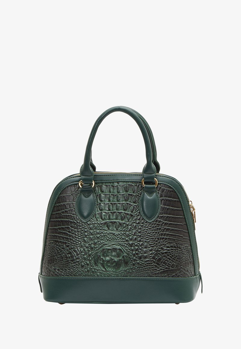 Zielona torebka wykonana z teksturowanej sztucznej skóry krokodyla, o zaokrąglonym kształcie, z podwójnymi uchwytami na górze, złotymi akcesoriami oraz zamknięciem na zamek.