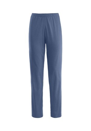 Blue, elastic-waist pants made of soft fabric; straight-leg design with no pockets or visible seams; lightweight, smooth texture.