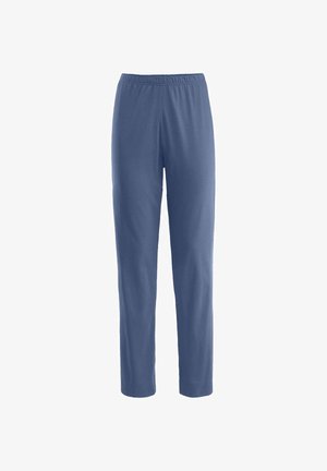 Blue, elastic-waist pants made of soft fabric; straight-leg design with no pockets or visible seams; lightweight, smooth texture.