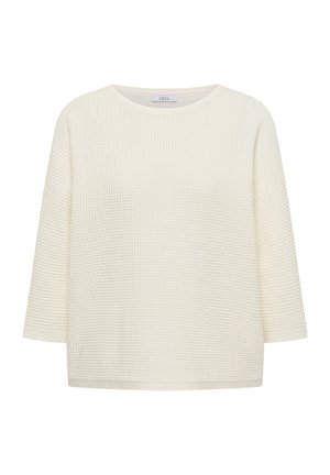 Elfenbeinfarbener Waffelstrickpullover mit dreiviertellangen Ärmeln und rundem Halsausschnitt.