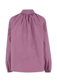 Langärmliges Shirt mit hohem Kragen aus leichtem Mauve-Stoff. Verfügt über Faltendetails im Rückenbereich und elastische Bündchen. Glatte, strukturierte Oberfläche.