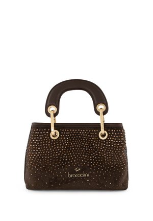 Borsa marrone scuro con borchie dorate e due manici curvi fissati da anelli dorati, con il logo "braccialini" al centro sul davanti.