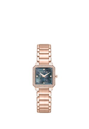 Horloge van roségoud metaal met een rechthoekige zwarte parelmoer wijzerplaat, kristallen uurmarkeringen en een lunet bezet met kleine kristallen.