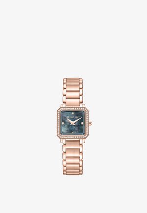 Horloge van roségoud metaal met een rechthoekige zwarte parelmoer wijzerplaat, kristallen uurmarkeringen en een lunet bezet met kleine kristallen.