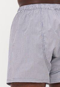 Costume de baie pentru bărbați cu dungi, caracterizând o croială lejeră, talie elastică, material ușor și dungi verticale albastre și albe.