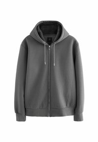 Grå zip-up hoodie med en tekstureret, quiltet mønster, en foret hætte og snore med sølvspidser. Blødt stof med ribbede manchetter.