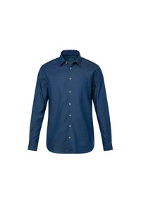 Camicia di jeans con maniche lunghe, colore blu scuro, colletto button-down e chiusura frontale con bottoni. Presenta una texture liscia e una vestibilità su misura.
