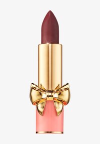 Lippenstift mit einer spitzen burgunderfarbenen Mine, untergebracht in einem goldenen Röhrchen mit rosa Basis, verziert mit einer dekorativen goldenen Schleife.