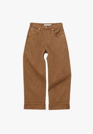 Brown high-waist straight-leg pants with front pockets, belt loops, button closure, and cuffed hems against a white background.