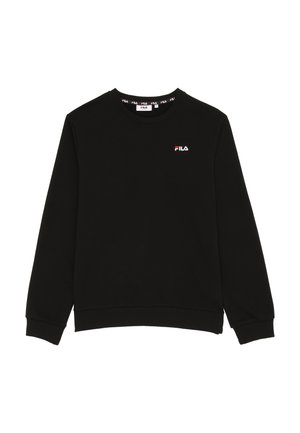 Zwarte FILA-trui met lange mouwen en ronde hals, klein FILA-logo op de linkerborst en een gebrande nekbanddetail aan de binnenkant van de kraag.