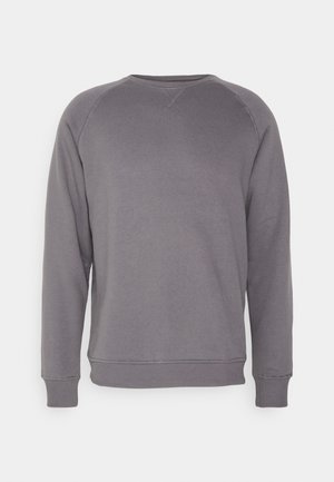 Sweat-shirt gris avec un col rond, des manches longues et des poignets et un ourlet côtelés. Texture lisse, design minimaliste, sans motifs visibles.