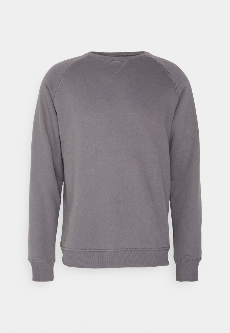 Grijze sweatshirt met een ronde halslijn, lange mouwen en geribde boorden en onderrand. Glad oppervlak, minimalistisch ontwerp, zonder zichtbare patronen.