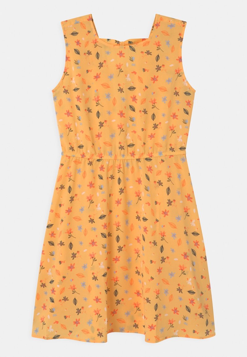 Robe jaune sans manches avec une taille cintrée et de petits imprimés floraux en orange, bleu et marron dispersés sur le tissu.