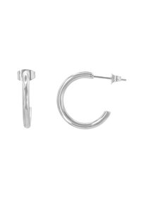 Orecchini a cerchio in argento con superficie liscia e lucida, caratterizzati da un design semplice con chiusura a perno e gancio. Forma approssimativamente circolare.