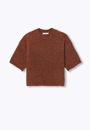 Pull marron à manches courtes en maille avec col ras du cou, bordures côtelées aux ourlets et aux poignets, présenté à plat sur un fond blanc.