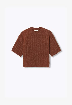 Pull marron à manches courtes en maille avec col ras du cou, bordures côtelées aux ourlets et aux poignets, présenté à plat sur un fond blanc.