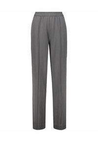 Grijze broek met een elastische tailleband, rechte pijpen en geplooide voorkant. Gemaakt van een lichtgewicht stof met een gladde textuur.