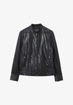 Sort læderjakke med frontlynlås, ståkrave og lynlåslommer i siderne, vist fladt på en hvid baggrund.