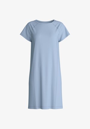 Light blue, short-sleeve casual dress with a round neckline and visible seam details, knee-length, loose fit.